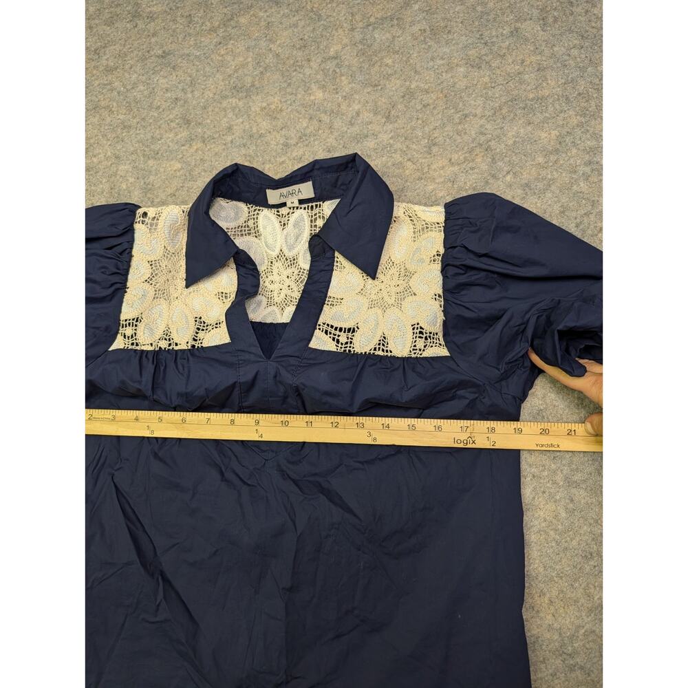 Avara Navy Crochet Lace Puff Sleeve Collared Top Medium Cotton Prairie Southern - Picture 4 of 8